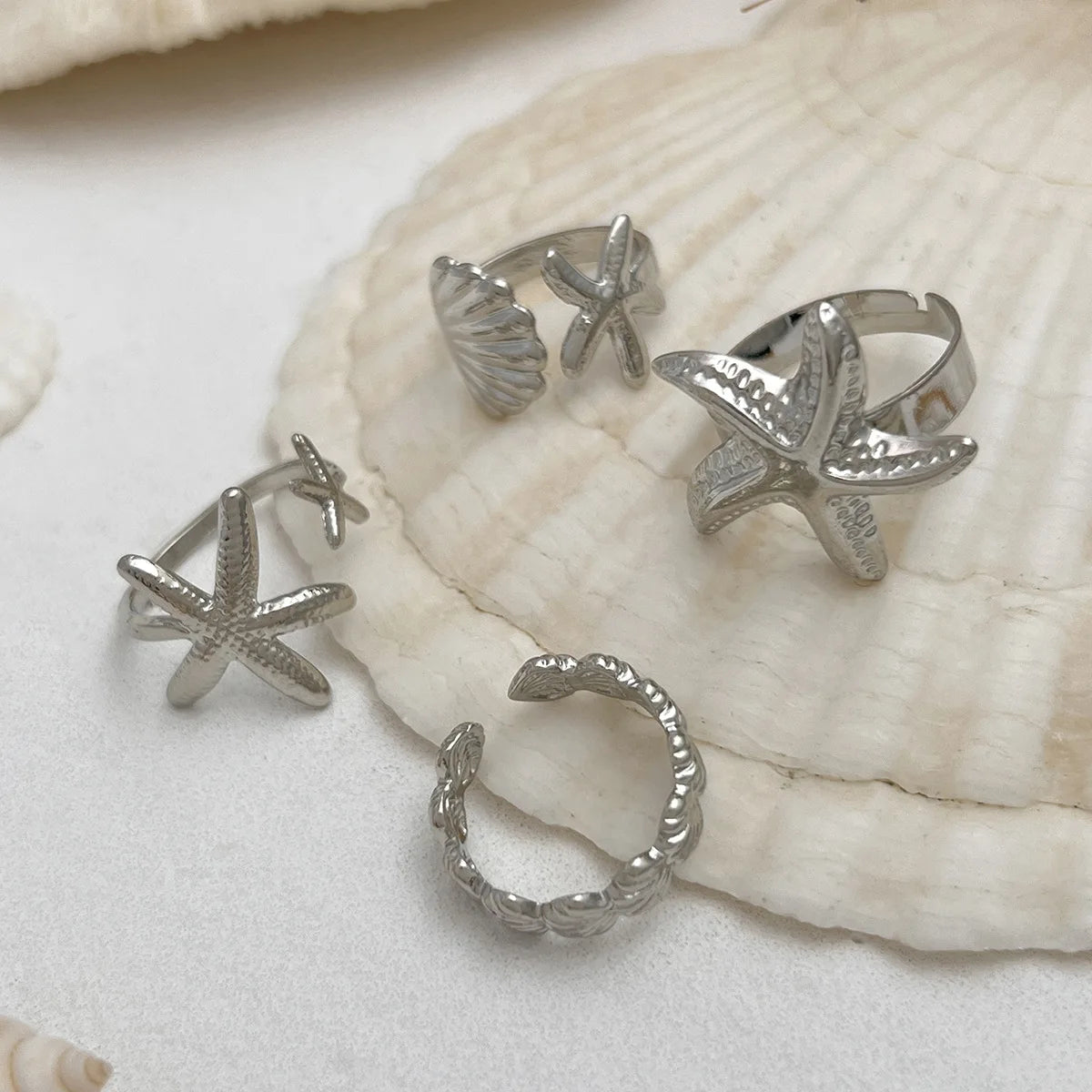 LATS 4Pcs/Set Starfish Scallop Adjustable Open Rings for Women Summer Trendy Geometric Gold Color Beach Jewelry Accessory