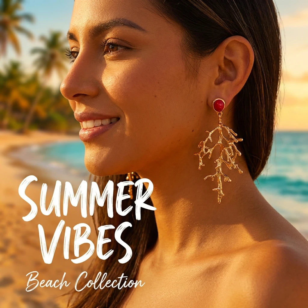 Boho Gold Color Coral Branch Earrings for Women Elegant 3D Textured Red Accents Dangle Earrings Summer Artistic Jewelry Gift