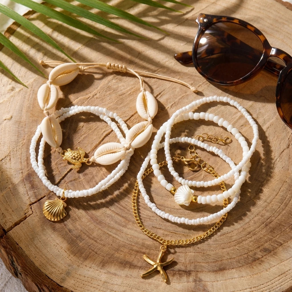 Fashion Starfish Shell Beaded Bracelet Set for Women Boho Imitation Pearl Sea Turtle Charm Elastic Bracelet Summer Jewelry Gift