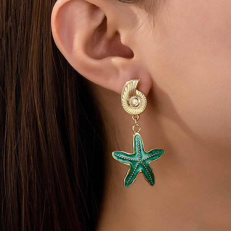 Vintage Asymmetrical Starfish Shell Pendant Earrings For Women Bohemian Irregular Stone Dripping Oil Metal Earring Beach Jewelry
