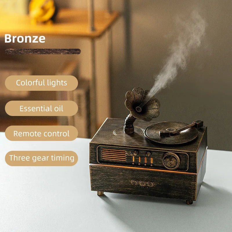 The Noir Phonograph — Bluetooth Aroma Diffuser with RGB Mood Light | Retro Gramophone Humidifier for Home & Office Desk