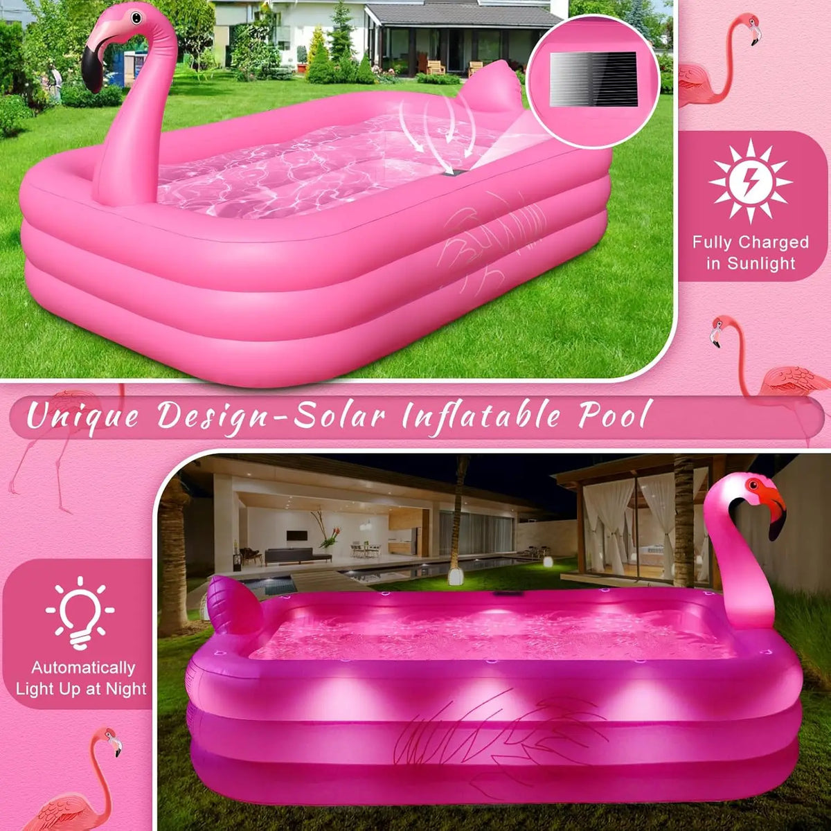 Solar Lighted Inflatable Flamingo Pool for Kids & Adults, Large 100