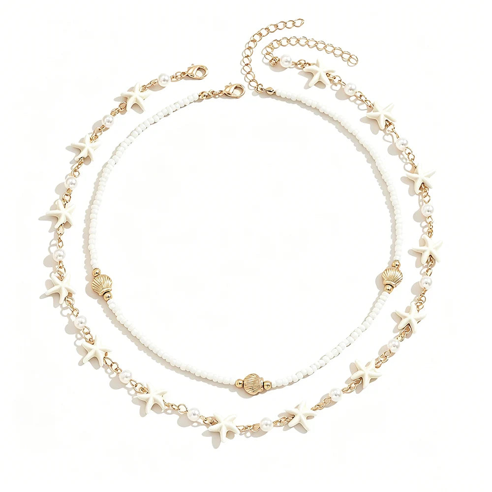 Boho 2 Layered Starfish Seashell Pearl Beaded Choker Necklace for Women Summer Beach Festival Vacation Daily Wear Gift