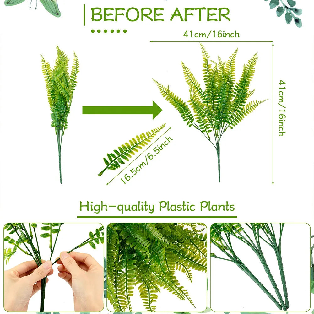 4 Bundles Artificial Plants Fake Boston Ferns Bushes Faux Shrubs Greenery UV Resistant Plant for Home Garden Outdoor Yard Decor