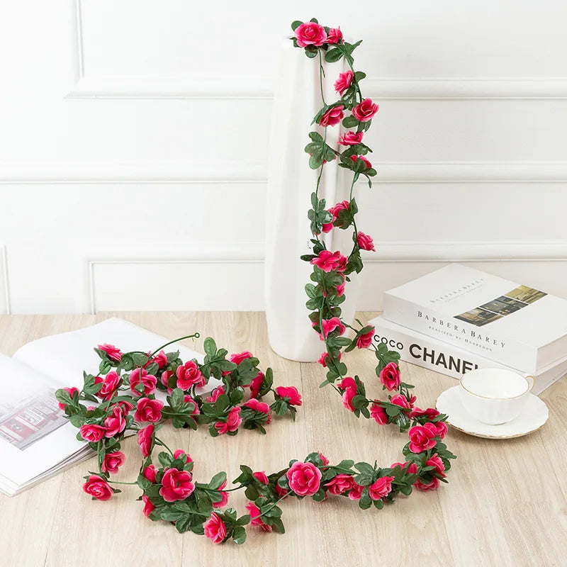 8.2ft Red Rose Artificial Silk Flower Garland Wedding Decor Fake Flowers for Home Room Decoration Autumn Fake Vine Plant Rattan