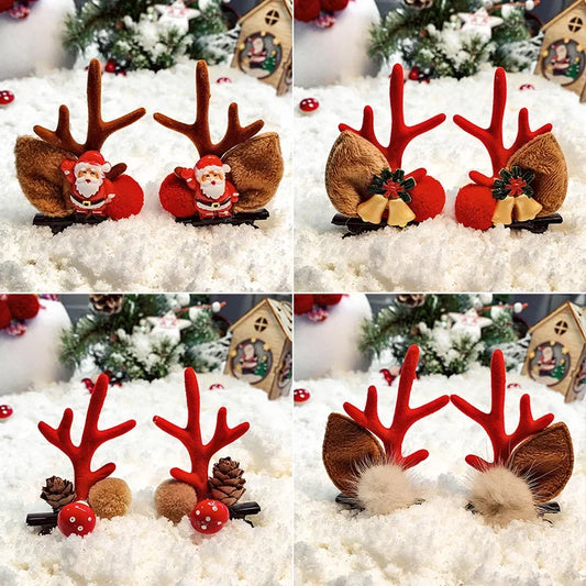 2pcs/Set Kawaii Christmas Elk Ear Hair Clip Women Girl Santa Snowman Hairpin Xmas Party Barrettes For Kids Cosplay Headwear
