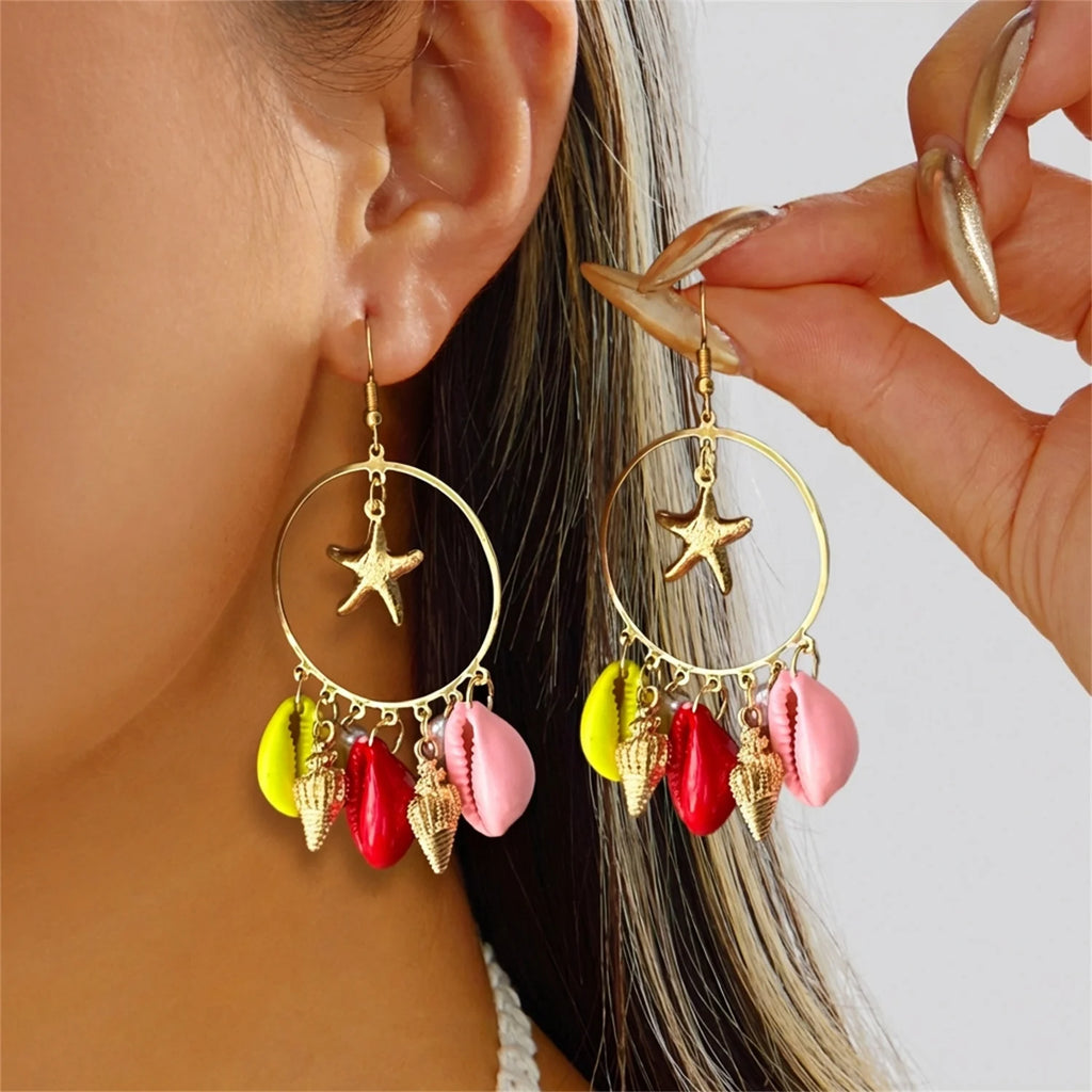 Vintage Asymmetrical Starfish Shell Pendant Earrings For Women Bohemian Irregular Stone Dripping Oil Metal Earring Beach Jewelry