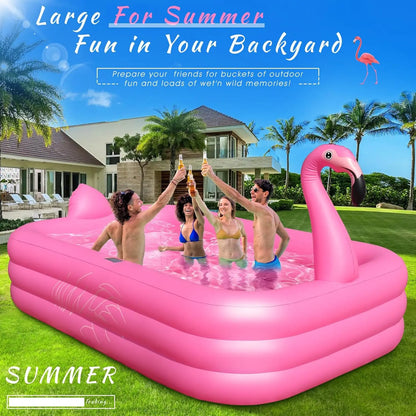 Solar Lighted Inflatable Flamingo Pool for Kids & Adults, Large 100"X63"X20" Backyard Outdoor Pink