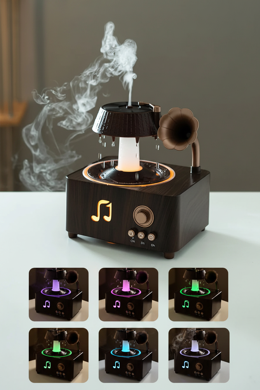 The Sanctuary Diffuser — Rain Drop Aroma Humidifier with Remote Control & 7-Color Lighting | 250ml | Vintage Gramophone Style