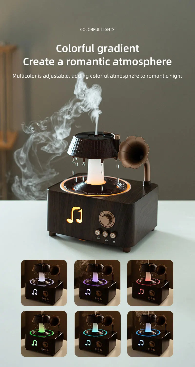 The Sanctuary Diffuser — Rain Drop Aroma Humidifier with Remote Control & 7-Color Lighting | 250ml | Vintage Gramophone Style