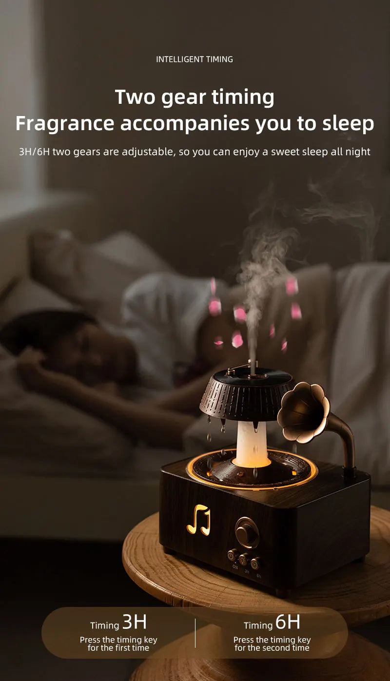 The Sanctuary Diffuser — Rain Drop Aroma Humidifier with Remote Control & 7-Color Lighting | 250ml | Vintage Gramophone Style