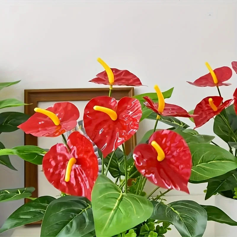 12-Headed Red Palm Artificial Flowers Flamingo Flower with Lush Green Leaves Fake Plants for Room Home Garden Outdoor Decoration