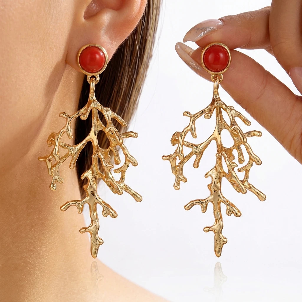 Boho Gold Color Coral Branch Earrings for Women Elegant 3D Textured Red Accents Dangle Earrings Summer Artistic Jewelry Gift