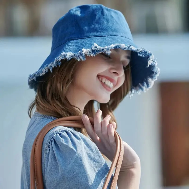 Durable Unisex Denim Bucket Hat - Frayed Brim, Cotton Basin, Foldable, Casual Fisherman Cap Style for Women and Men, Trendy
