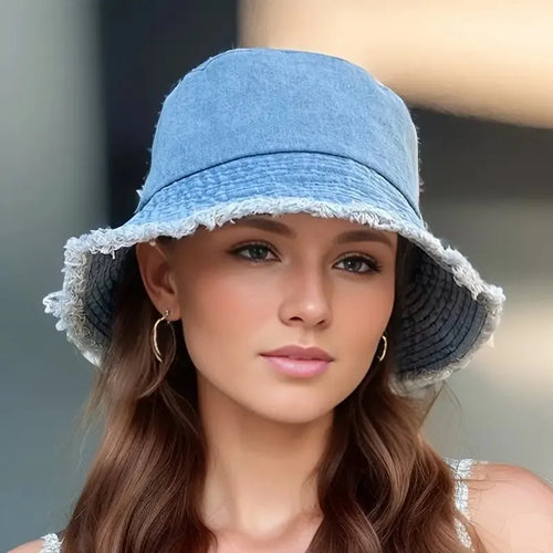Durable Unisex Denim Bucket Hat - Frayed Brim, Cotton Basin, Foldable, Casual Fisherman Cap Style for Women and Men, Trendy