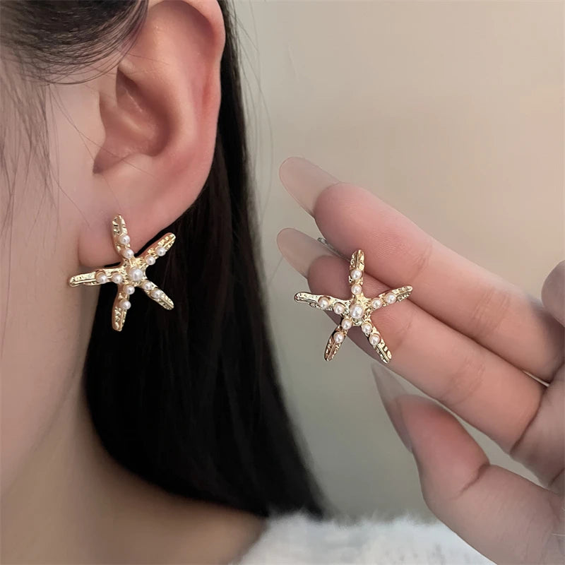 Vintage Asymmetrical Starfish Shell Pendant Earrings For Women Bohemian Irregular Stone Dripping Oil Metal Earring Beach Jewelry