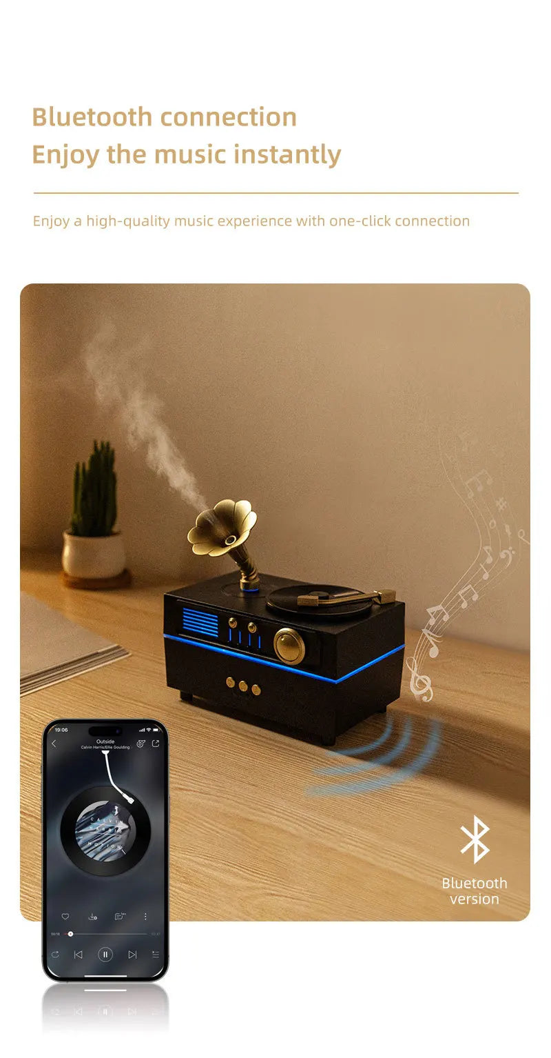 The Noir Phonograph — Bluetooth Aroma Diffuser with RGB Mood Light | Retro Gramophone Humidifier for Home & Office Desk