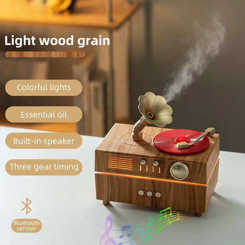 The Noir Phonograph — Bluetooth Aroma Diffuser with RGB Mood Light | Retro Gramophone Humidifier for Home & Office Desk