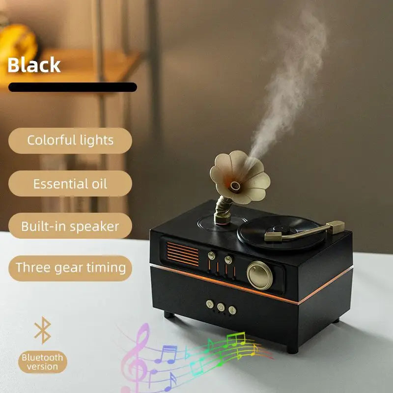The Noir Phonograph — Bluetooth Aroma Diffuser with RGB Mood Light | Retro Gramophone Humidifier for Home & Office Desk