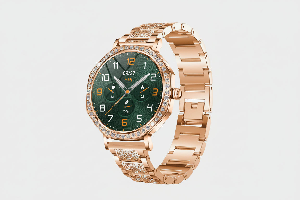 Gleelush AI Diamond Crown Watch – Luxury Gold Smartwatch for Women with AMOLED & Bluetooth Calling