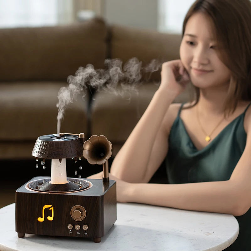 Aromatherapy Spray Humidifier 250ml with Remote Control and 7-Color Ambient Lighting Bedroom Rain Drop Vintage Gramophone-Style