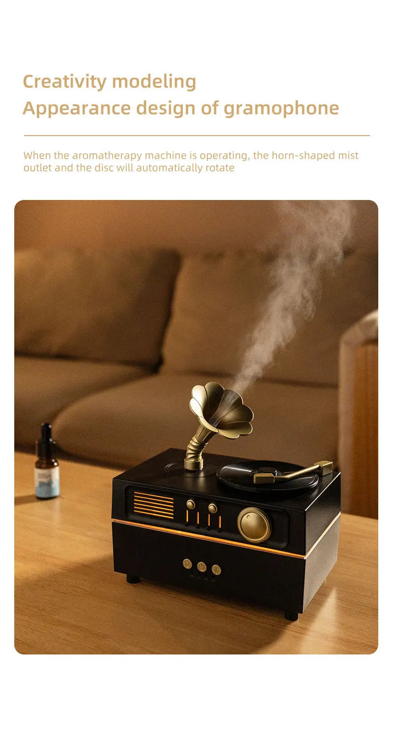 The Noir Phonograph — Bluetooth Aroma Diffuser with RGB Mood Light | Retro Gramophone Humidifier for Home & Office Desk