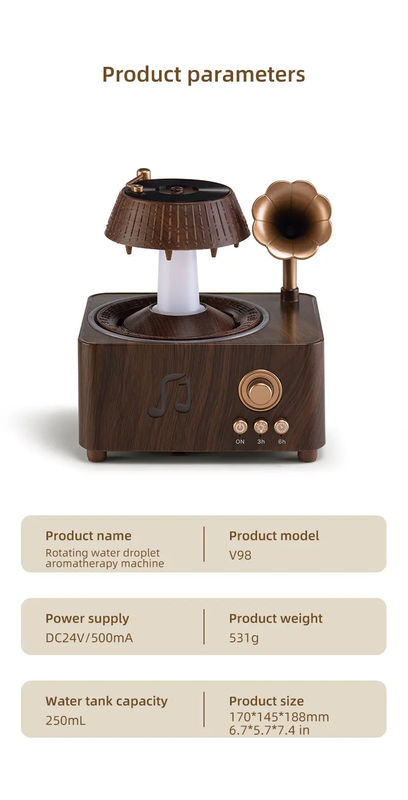 The Sanctuary Diffuser — Rain Drop Aroma Humidifier with Remote Control & 7-Color Lighting | 250ml | Vintage Gramophone Style
