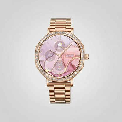 Gleelush AI Diamond Crown Watch – Luxury Gold Smartwatch for Women with AMOLED & Bluetooth Calling