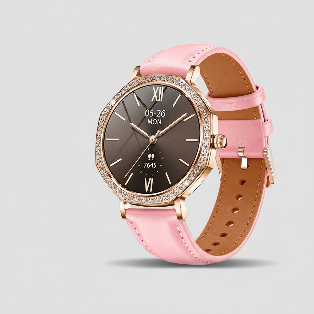 Gleelush AI Diamond Crown Watch – Luxury Gold Smartwatch for Women with AMOLED & Bluetooth Calling