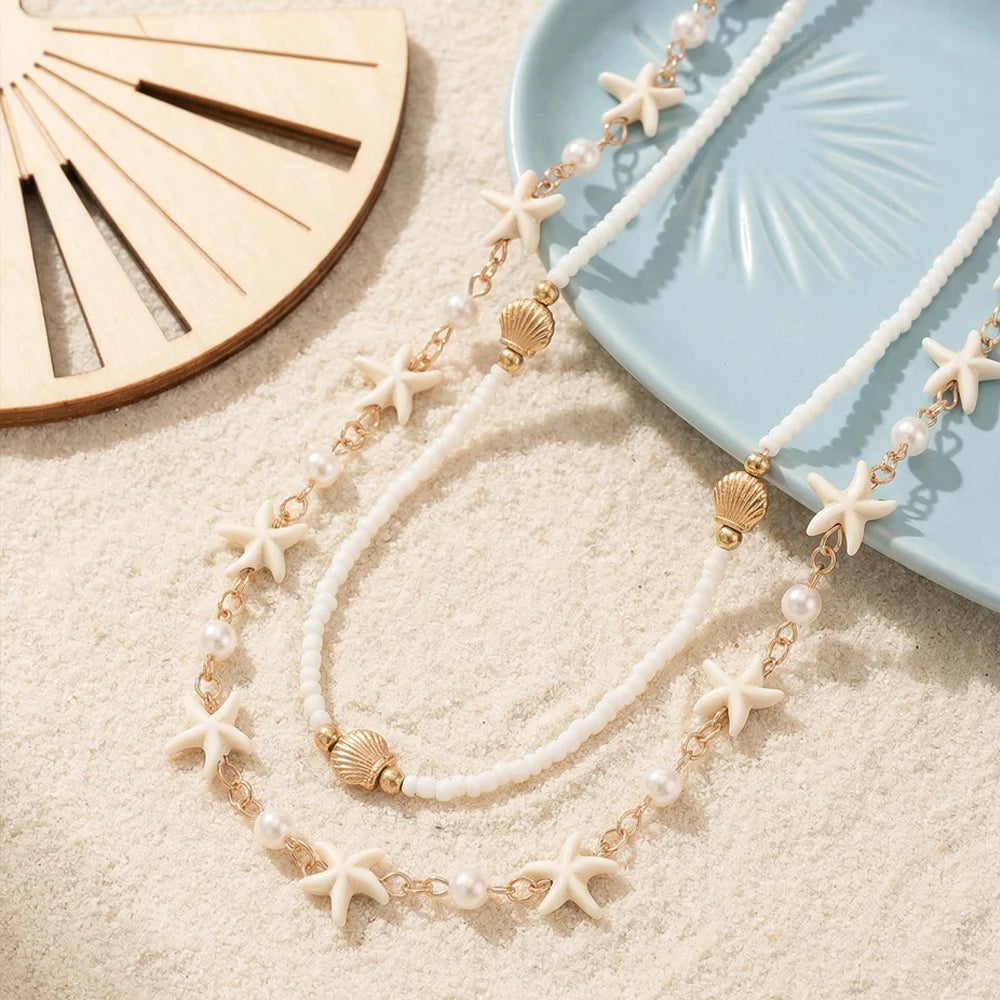 Boho 2 Layered Starfish Seashell Pearl Beaded Choker Necklace for Women Summer Beach Festival Vacation Daily Wear Gift