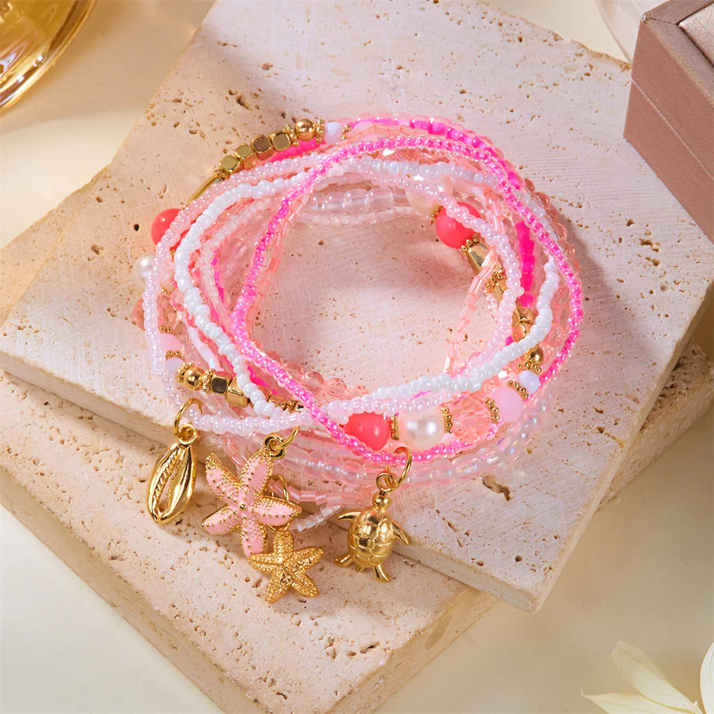 Fashion Multilayer Stacked Bracelets Set for Women Bohemian Shell Starfish Beaded Bracelets Summer Beach Party Jewelry Gift