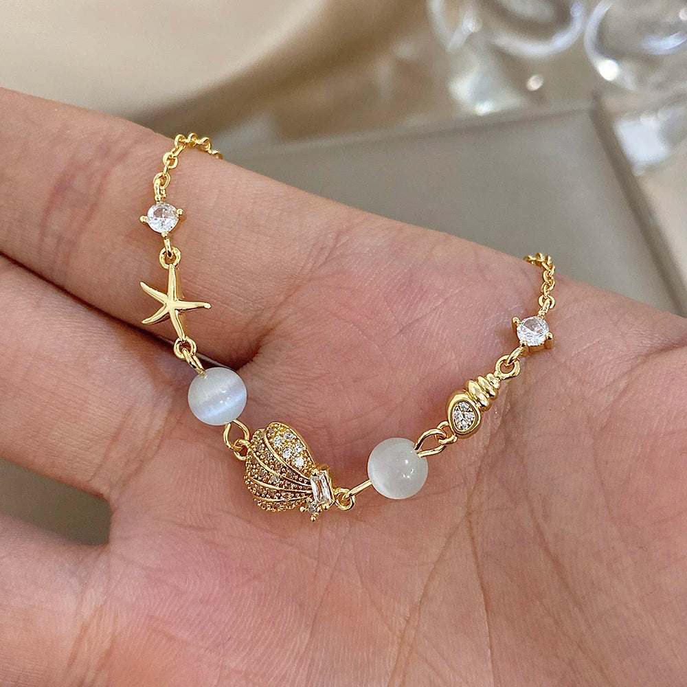 New Stainless Steel Starfish Scallop Conch Charm Bracelet for Women Trend Crystal Bead Bracelet Summer Beach Jewelry Accessories