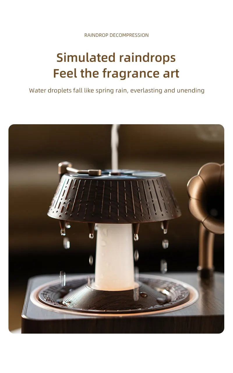 The Sanctuary Diffuser — Rain Drop Aroma Humidifier with Remote Control & 7-Color Lighting | 250ml | Vintage Gramophone Style