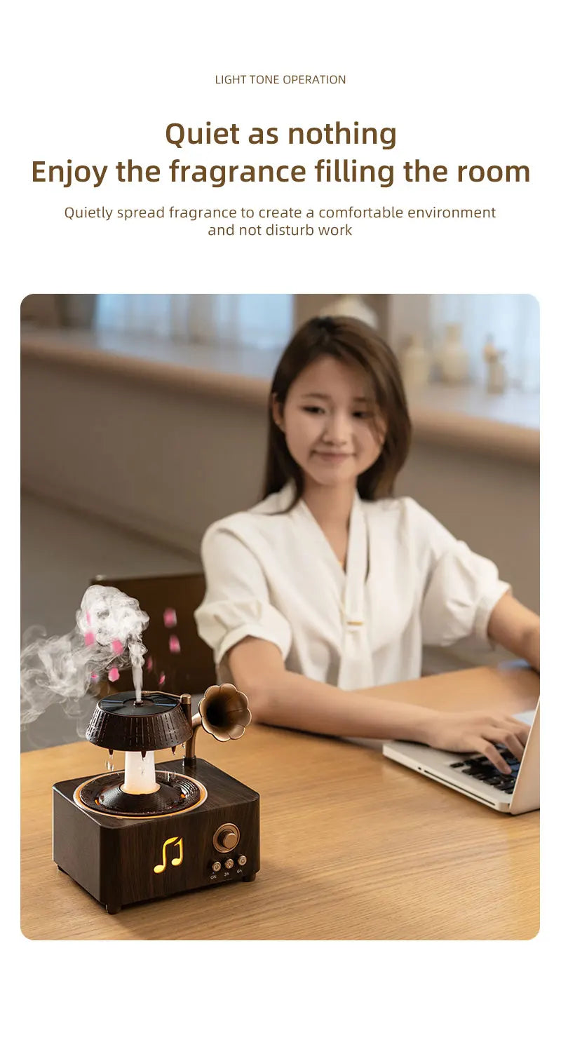 The Sanctuary Diffuser — Rain Drop Aroma Humidifier with Remote Control & 7-Color Lighting | 250ml | Vintage Gramophone Style