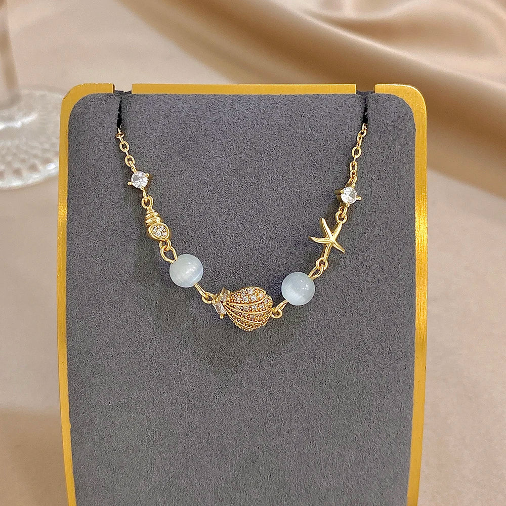 New Stainless Steel Starfish Scallop Conch Charm Bracelet for Women Trend Crystal Bead Bracelet Summer Beach Jewelry Accessories