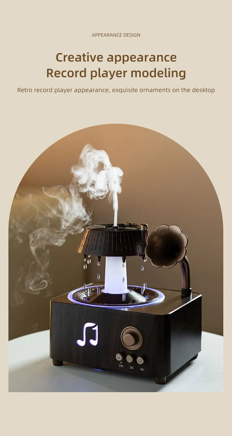 The Sanctuary Diffuser — Rain Drop Aroma Humidifier with Remote Control & 7-Color Lighting | 250ml | Vintage Gramophone Style