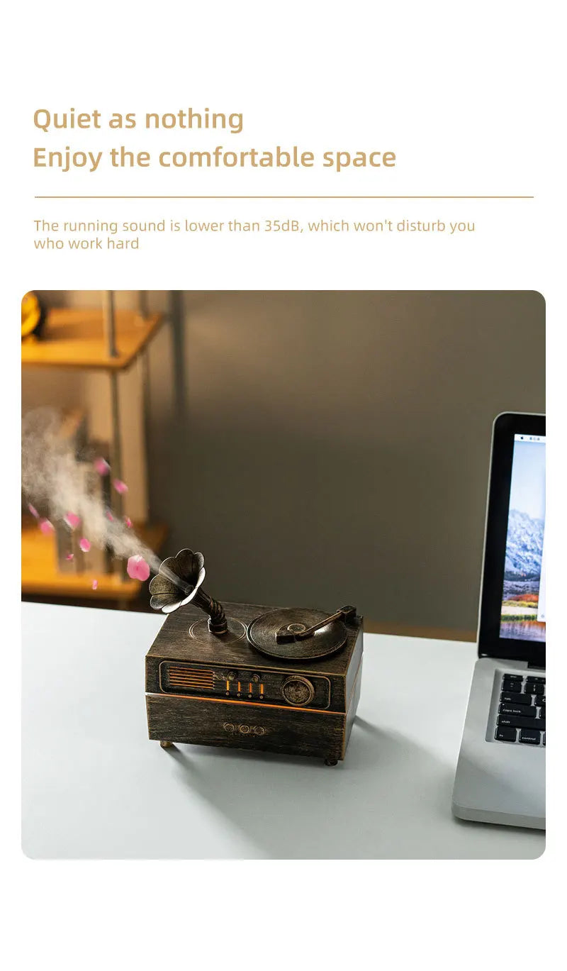The Noir Phonograph — Bluetooth Aroma Diffuser with RGB Mood Light | Retro Gramophone Humidifier for Home & Office Desk