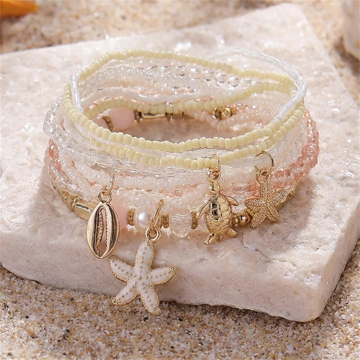 Fashion Multilayer Stacked Bracelets Set for Women Bohemian Shell Starfish Beaded Bracelets Summer Beach Party Jewelry Gift