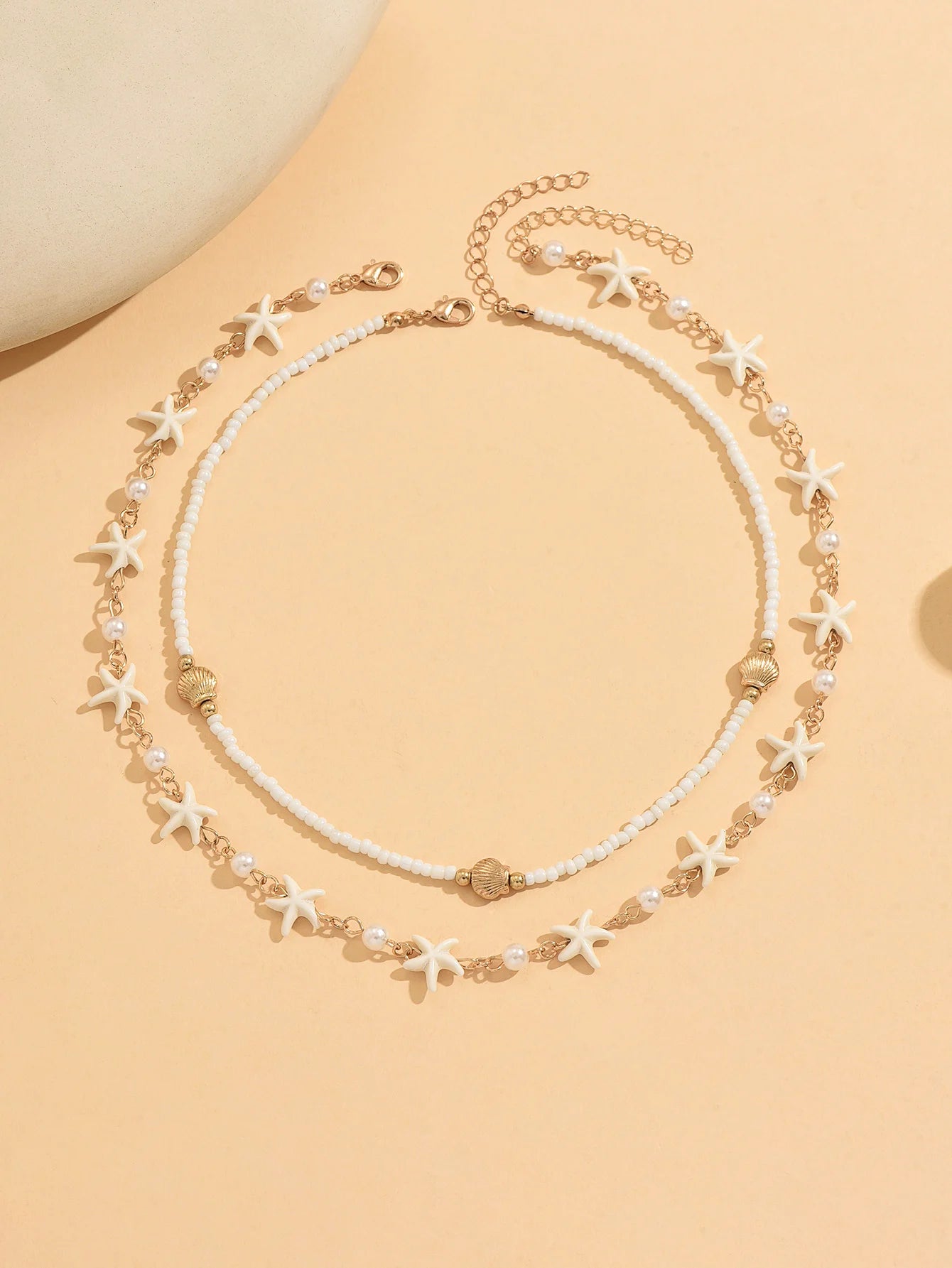 Boho 2 Layered Starfish Seashell Pearl Beaded Choker Necklace for Women Summer Beach Festival Vacation Daily Wear Gift