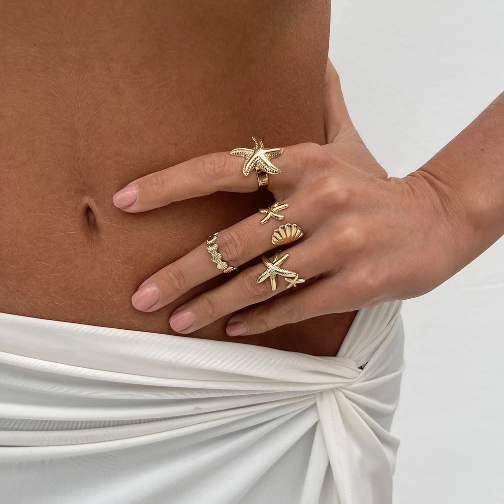 LATS 4Pcs/Set Starfish Scallop Adjustable Open Rings for Women Summer Trendy Geometric Gold Color Beach Jewelry Accessory