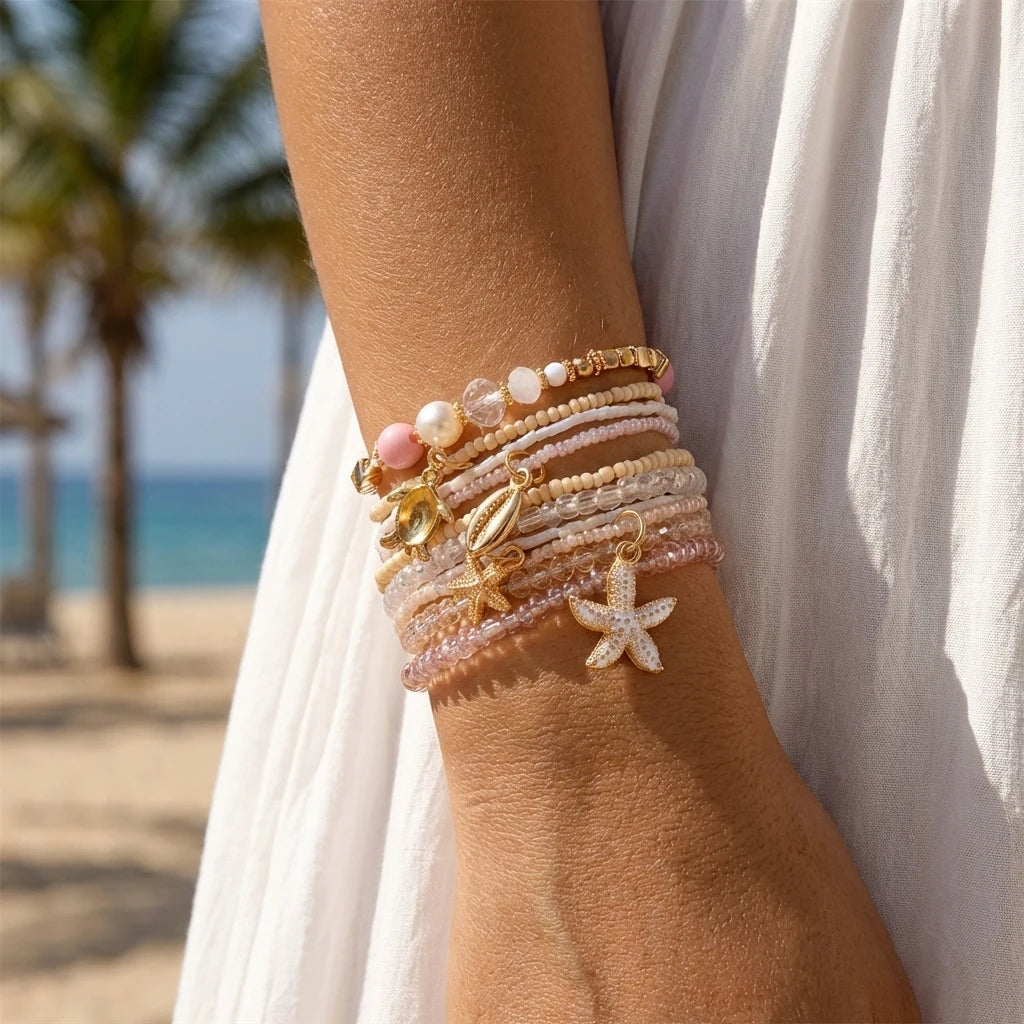 Fashion Multilayer Stacked Bracelets Set for Women Bohemian Shell Starfish Beaded Bracelets Summer Beach Party Jewelry Gift