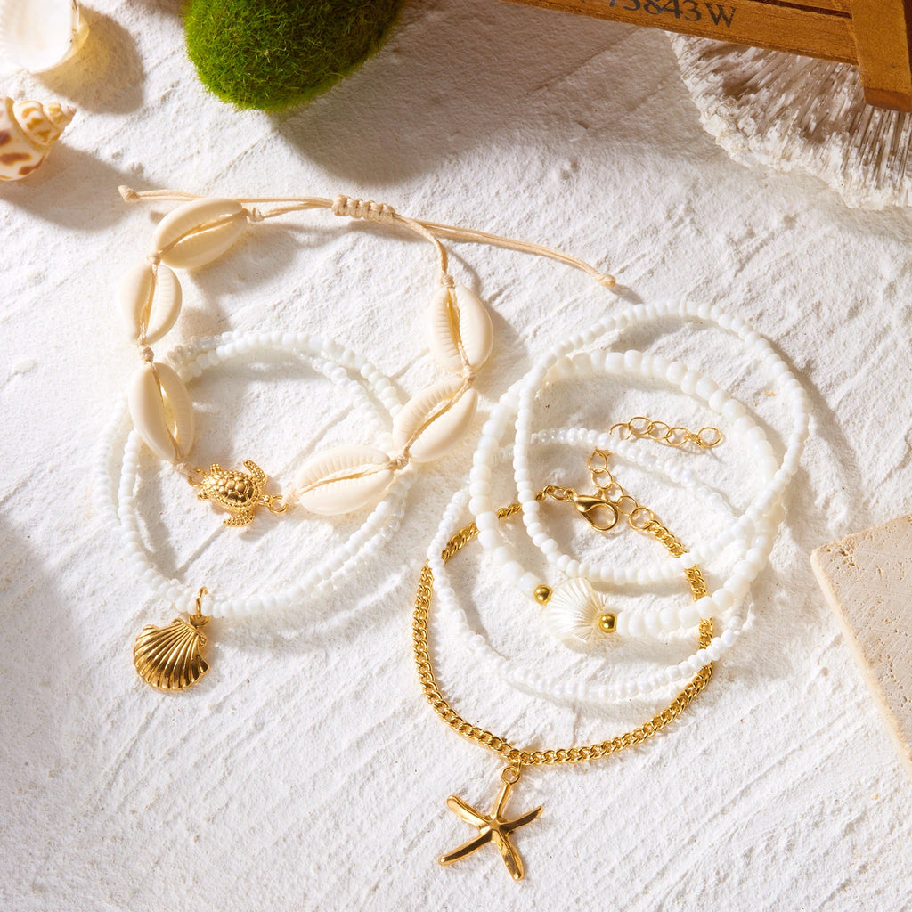 Fashion Starfish Shell Beaded Bracelet Set for Women Boho Imitation Pearl Sea Turtle Charm Elastic Bracelet Summer Jewelry Gift