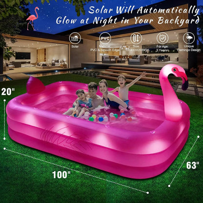 Solar Lighted Inflatable Flamingo Pool for Kids & Adults, Large 100"X63"X20" Backyard Outdoor Pink