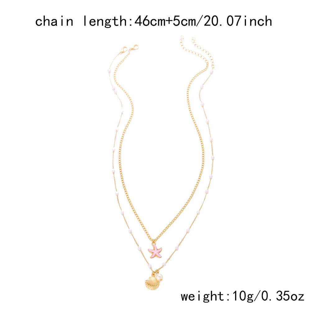 Double Layered Imitation Pearl Starfish Shell Pendant Necklace for Women Ocean Style Summer Beach Jewelry Travel Party Gift
