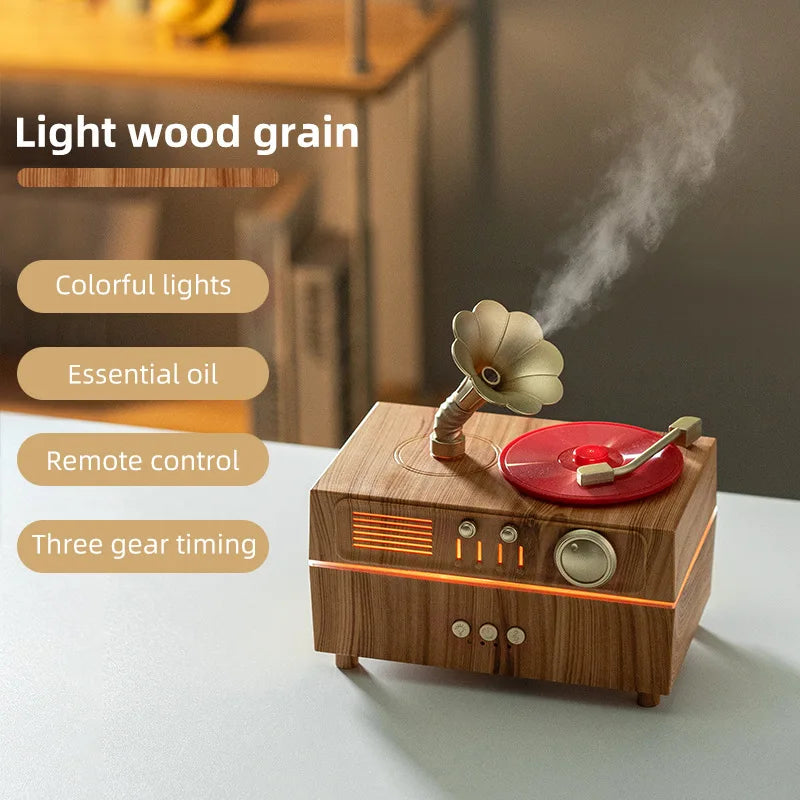 2026 New Upgrade Bluetooth Retro Phonograph Colorful Ultrasonic Essential Oil Aroma Humidifier for Office Desk