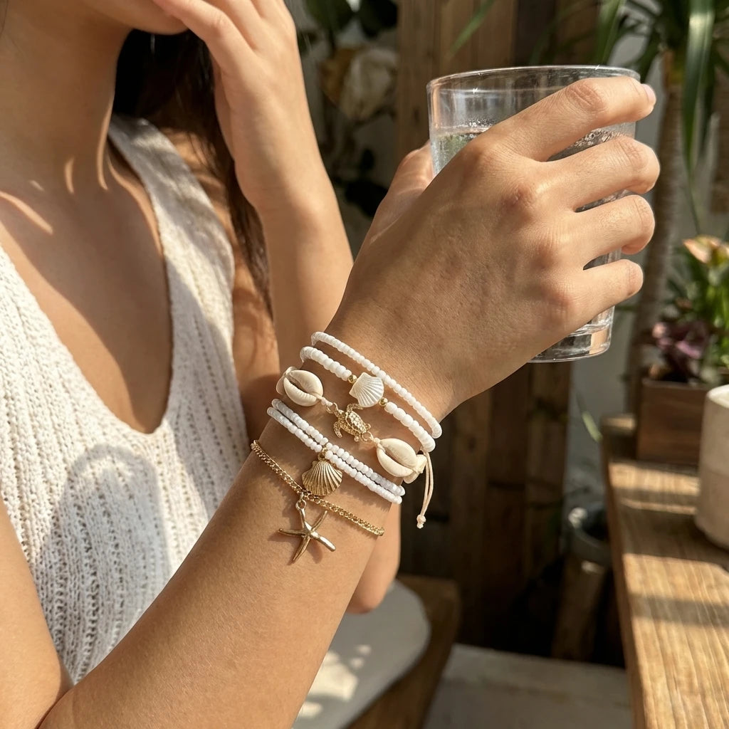 Fashion Starfish Shell Beaded Bracelet Set for Women Boho Imitation Pearl Sea Turtle Charm Elastic Bracelet Summer Jewelry Gift
