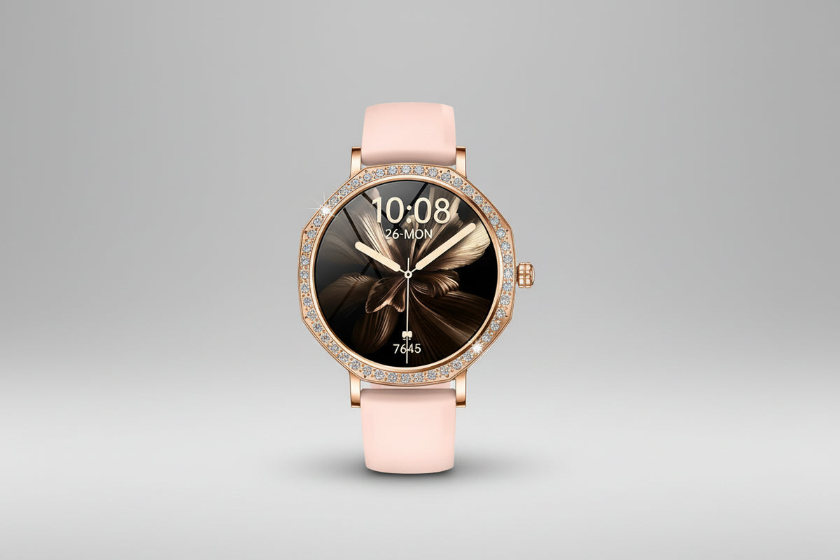 Gleelush AI Diamond Crown Watch – Luxury Gold Smartwatch for Women with AMOLED & Bluetooth Calling