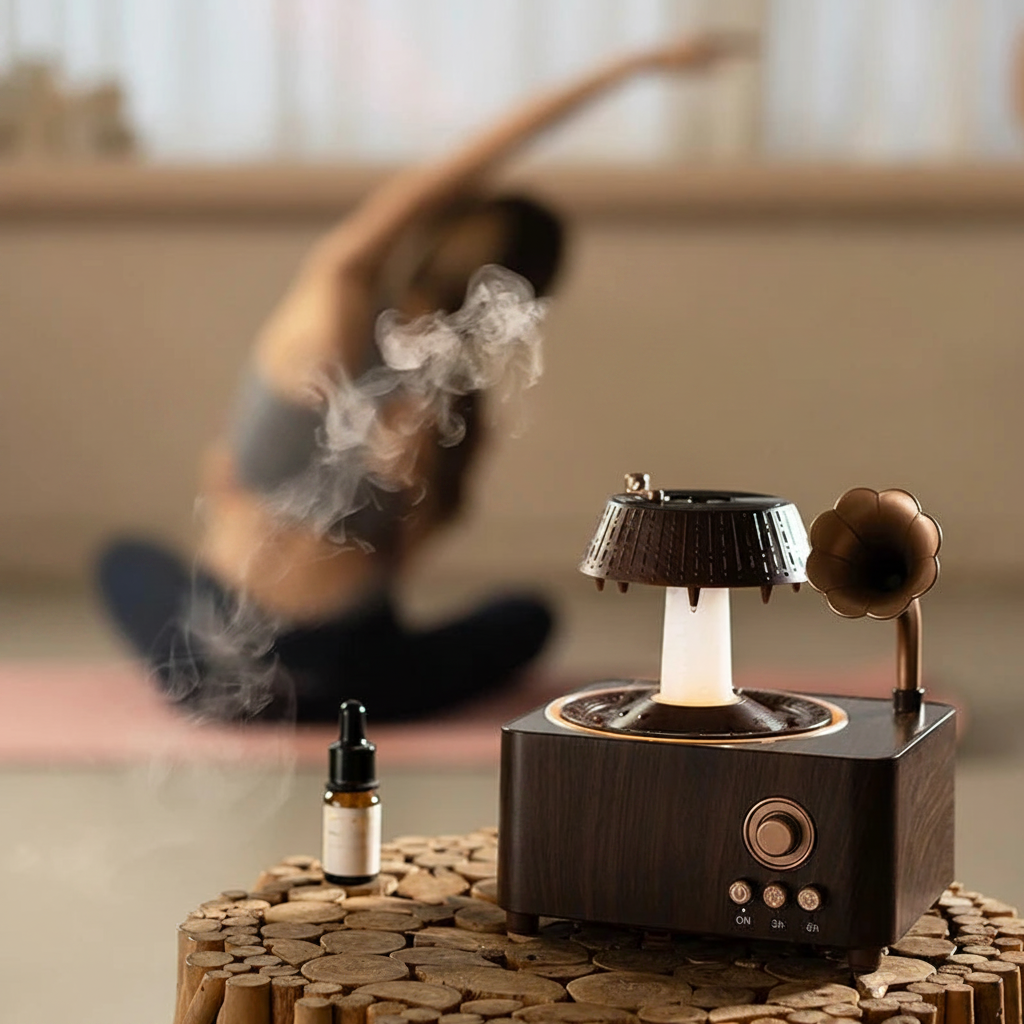 The Sanctuary Diffuser — Rain Drop Aroma Humidifier with Remote Control & 7-Color Lighting | 250ml | Vintage Gramophone Style