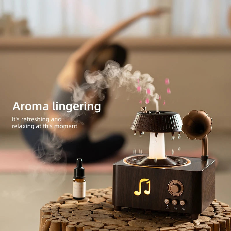 Aromatherapy Spray Humidifier 250ml with Remote Control and 7-Color Ambient Lighting Bedroom Rain Drop Vintage Gramophone-Style