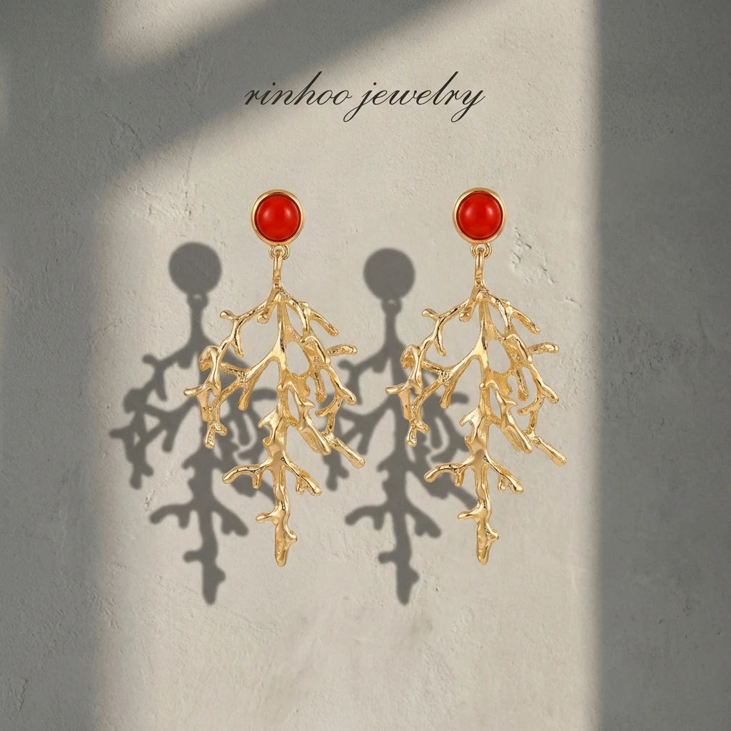 Boho Gold Color Coral Branch Earrings for Women Elegant 3D Textured Red Accents Dangle Earrings Summer Artistic Jewelry Gift